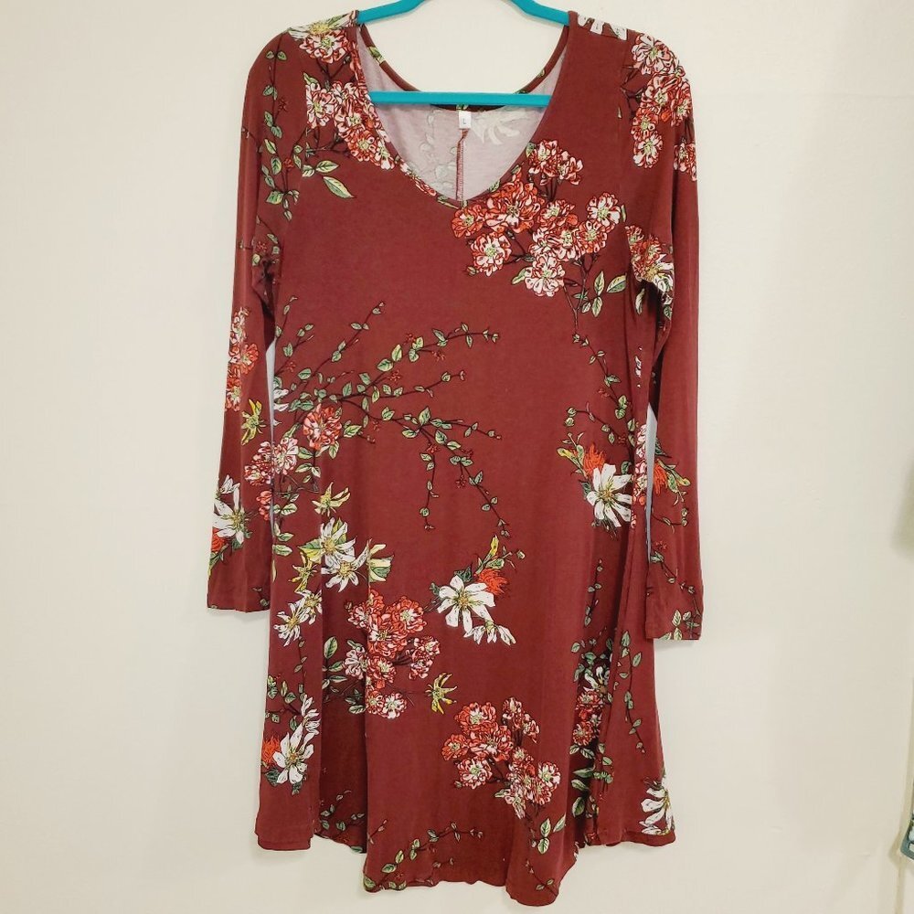 Women's Flowy Floral Long Sleeve Dress Marron and Pink 0148